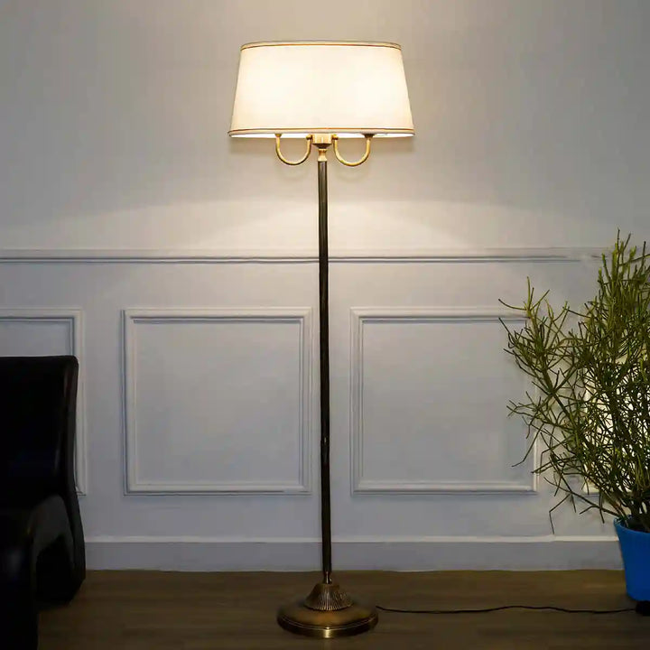 Stiffel Pure Brass Floor Lamp With Off White Cotton Shade