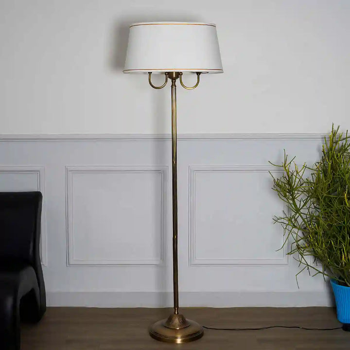 Stiffel Pure Brass Floor Lamp With Off White Cotton Shade