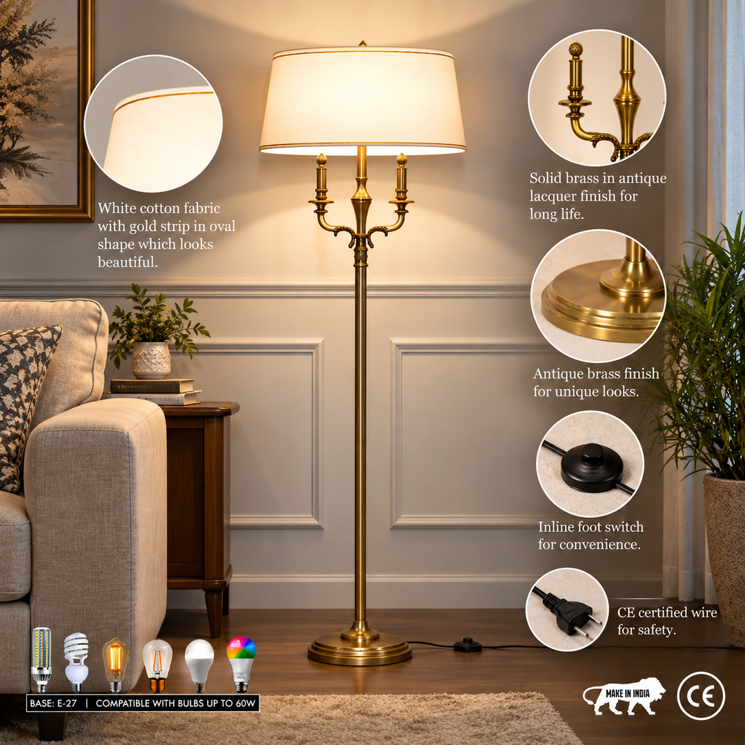 NIXON Solid Brass Floor Lamp with Off-White Cotton Shade