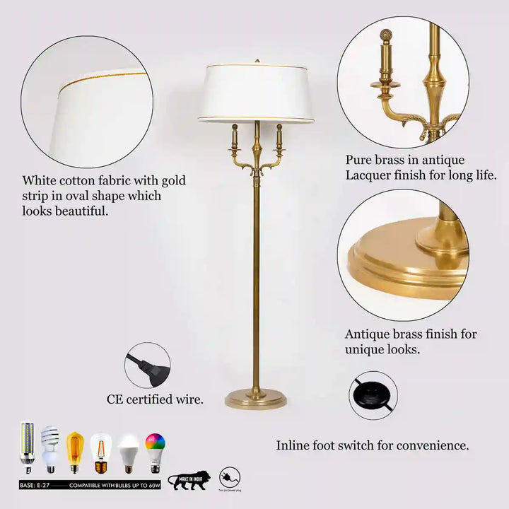 Nixon Pure Brass Floor Lamp With White Cotton Shade