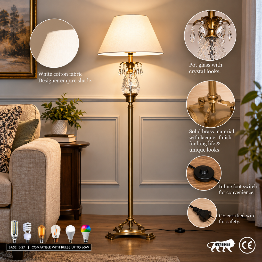 ECLIPSE Solid Brass and Glass Floor Lamp With White Cotton Shade