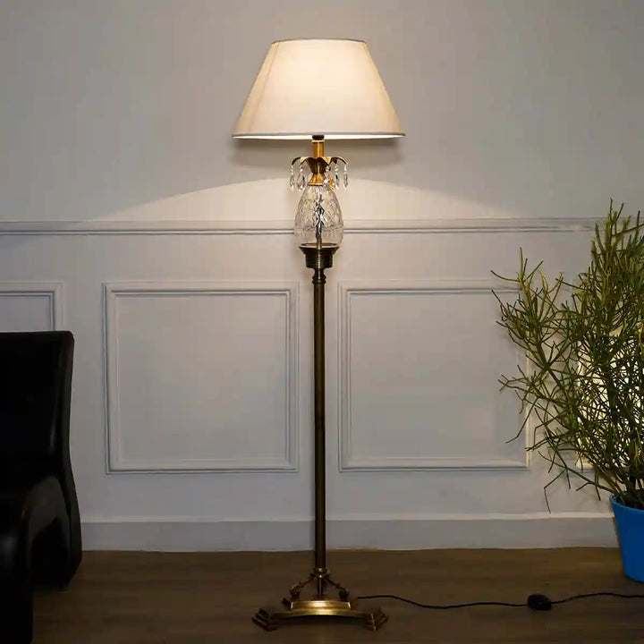 Eclipse Pure Brass and Glass Floor Lamp With Beige Cotton Shade