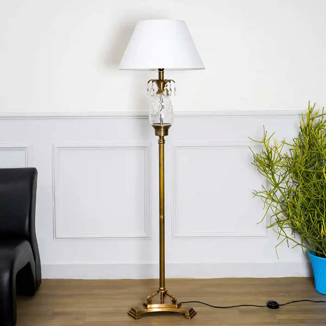 Eclipse Pure Brass and Glass Floor Lamp With Beige Cotton Shade