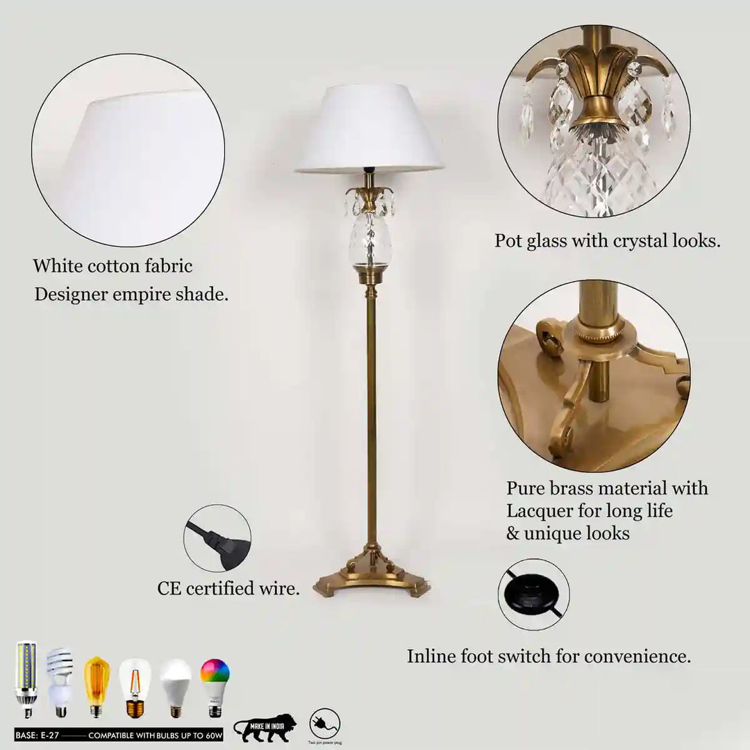 Eclipse Pure Brass and Glass Floor Lamp With Beige Cotton Shade