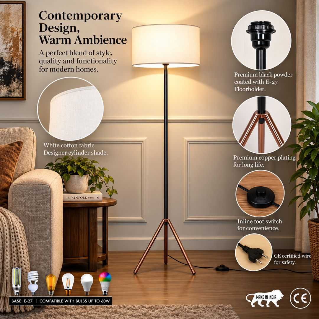 MIZUKO Matte Black and Copper Floor Lamp With Off White Cotton Shade