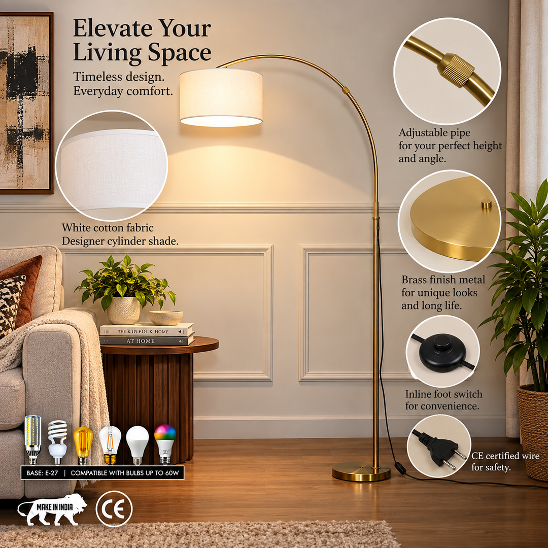 MESH Single Light Overhang Floor Lamp With White Cotton Shade