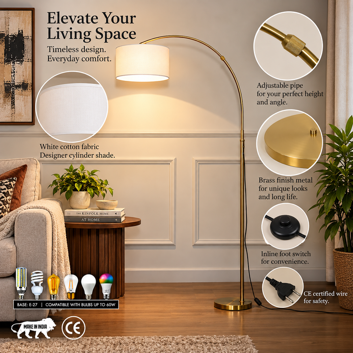 MESH Single Light Overhang Floor Lamp With White Cotton Shade