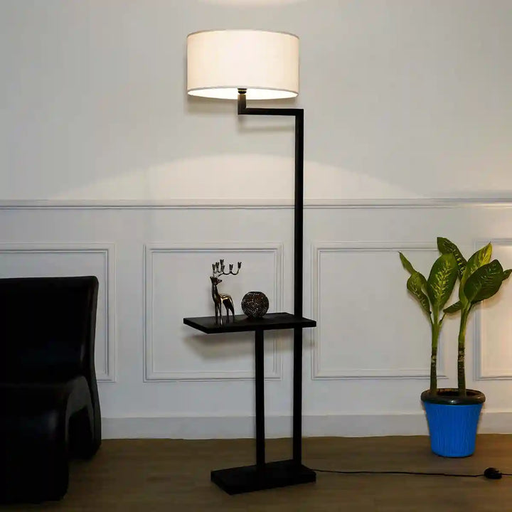 Avignon Black Metal Single Light Floor Lamp With White Cotton Shade