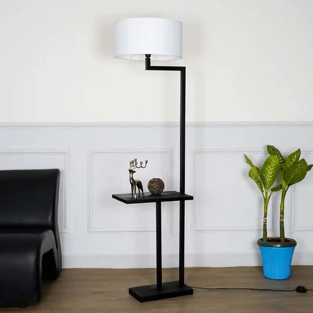 Avignon Black Metal Single Light Floor Lamp With White Cotton Shade