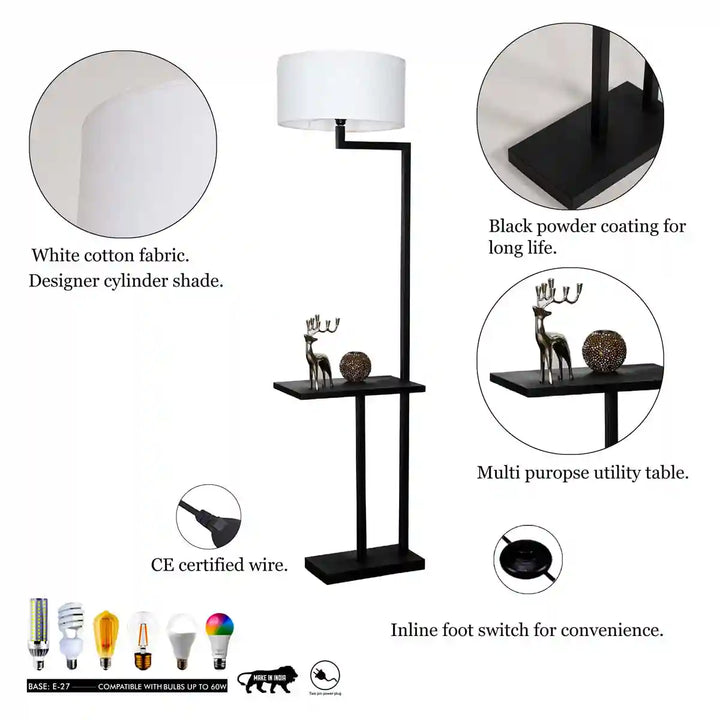 Avignon Black Metal Single Light Floor Lamp With White Cotton Shade