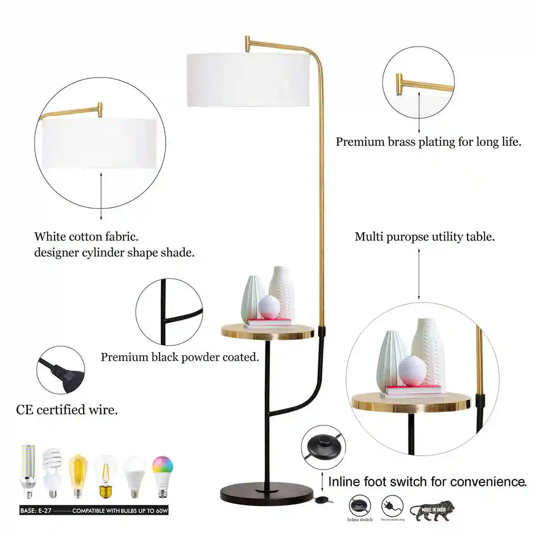 Flemish Metal Single Light Floor Lamp With White Cotton Shade