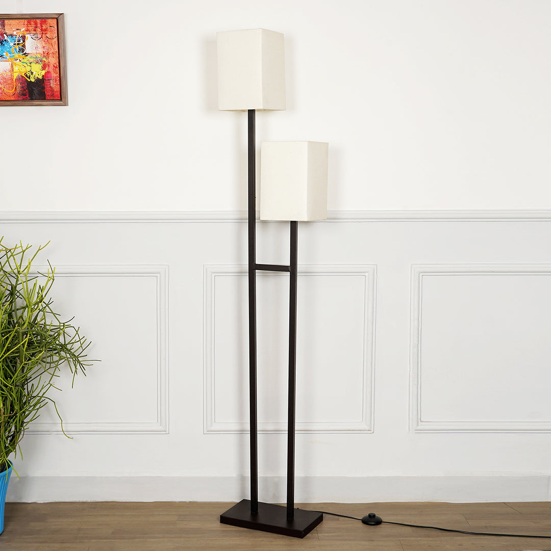 TWIN 2 Light Floor Lamp In Black Finish With Cotton Shade