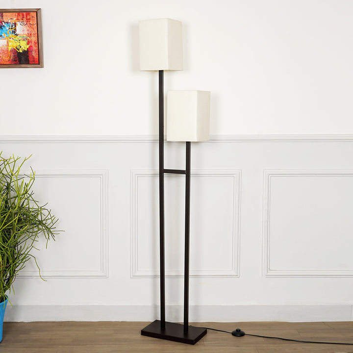 TWIN 2 Light Floor Lamp In Black Finish With Cotton Shade
