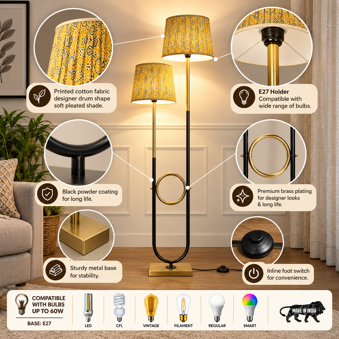ALLEGRA 2 Light Floor Lamp in Antique Brass and Black Finish