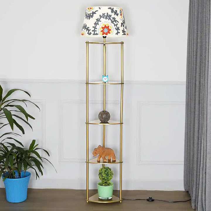 Devan Metal Multiutility Shelf Floor Lamp With Printed Linen Shade