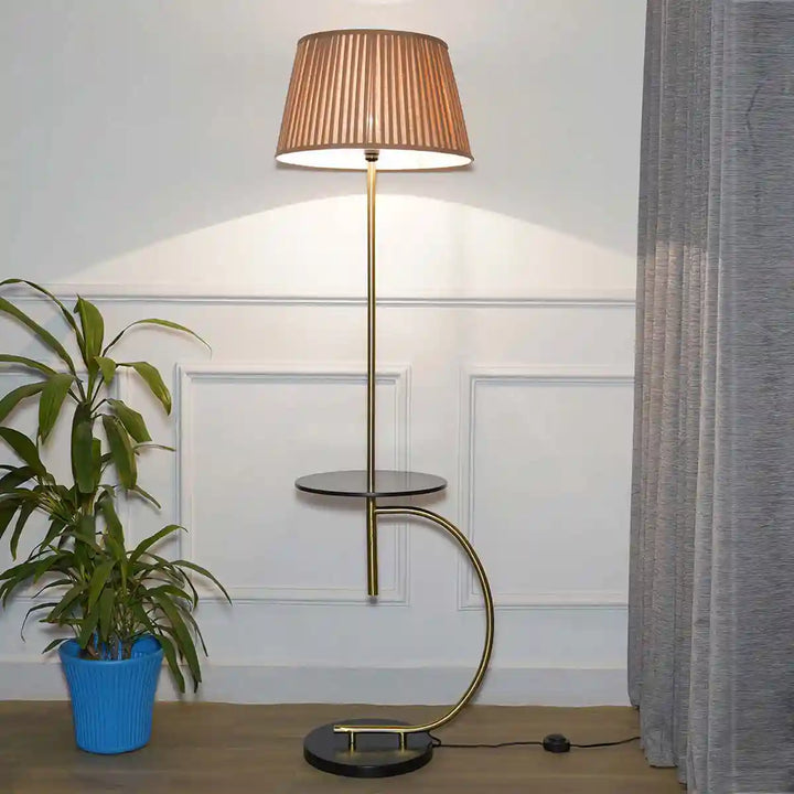 Jigger Metal Multiutility Shelf Floor Lamp With Beige Cotton Shade