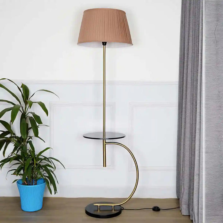 Jigger Metal Multiutility Shelf Floor Lamp With Beige Cotton Shade