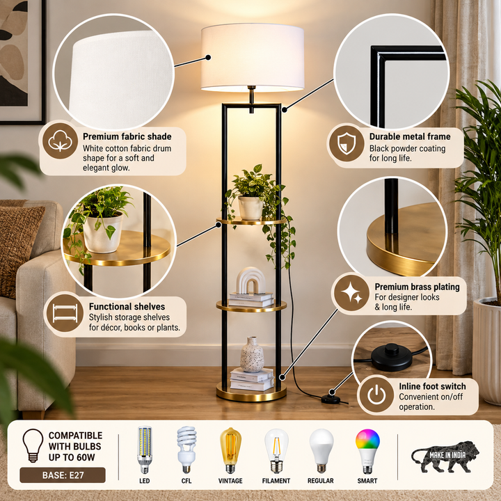 GALLOW Metal Multiutility Shelf Floor Lamp With White Cotton Shade