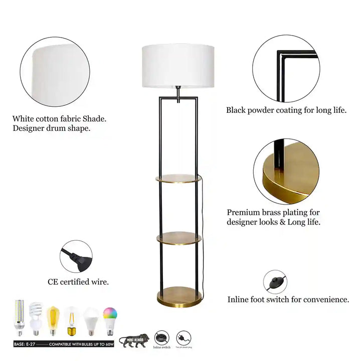 Gallow Metal Multiutility Shelf Floor Lamp With White Cotton Shade