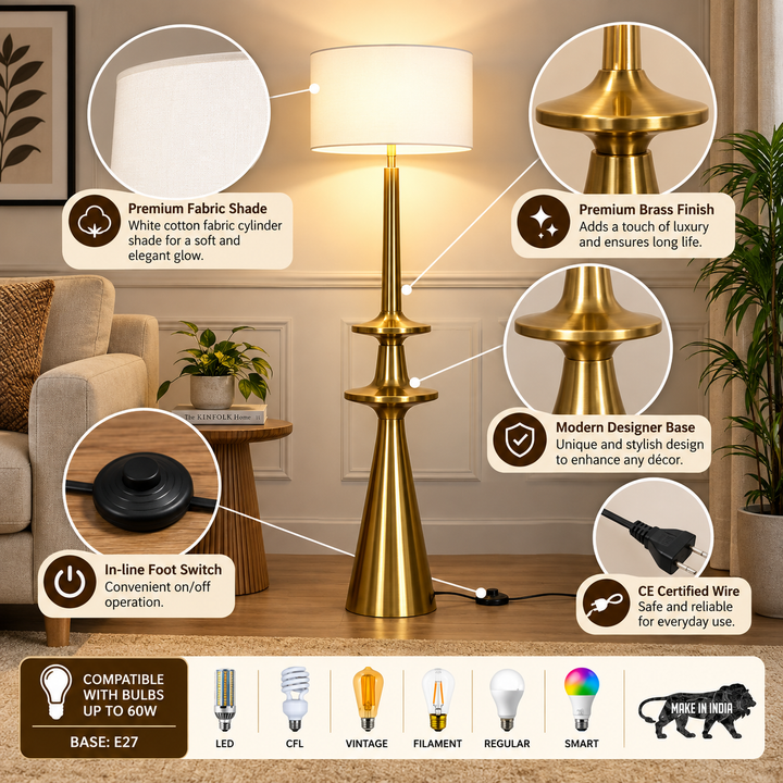 GLOUCESTER Metal Floor Lamp With White Cotton Shade