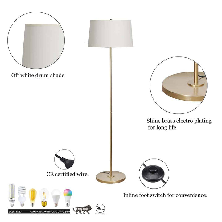 Silinda Single Light Antique Brass Finish Metal Floor Lmap With Off-White Cotton Shade