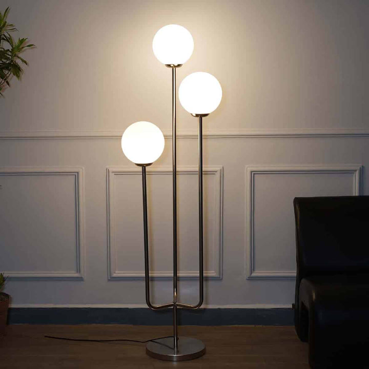 Julius 3 Lights Floor Lamp In Nickel Finidh With Opal Glass Diffuser