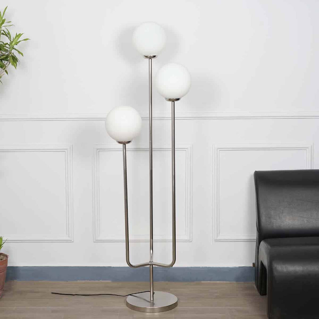 Julius 3 Lights Floor Lamp In Nickel Finidh With Opal Glass Diffuser