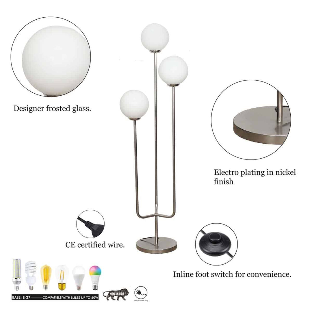 Julius 3 Lights Floor Lamp In Nickel Finidh With Opal Glass Diffuser