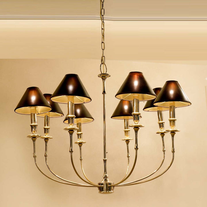 Odile 8 arms chrome finish metal chandelier with black fabric shades.