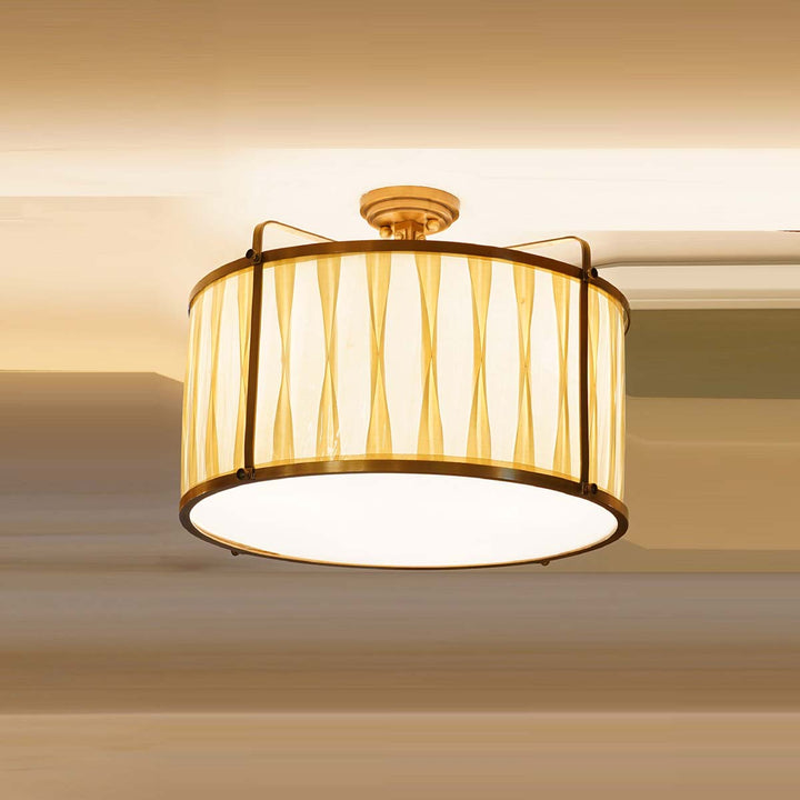 Langham Brass Frame Ceiling Chandelier With Cotton Fanric Shade Aand Acrulic Visor in Bottom