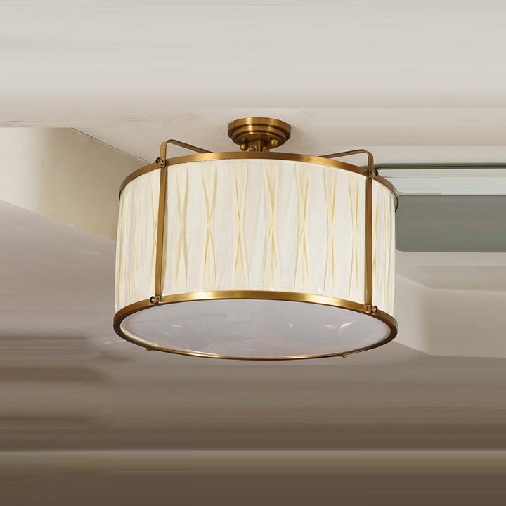 Langham Brass Frame Ceiling Chandelier With Cotton Fanric Shade Aand Acrulic Visor in Bottom