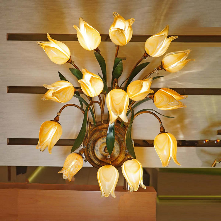 Vestry Yellow Glass Tulips Wall Light With Metal Frame Total 15 Tulip Glass Shades to Give a Realisting View of Bunch of Tulips