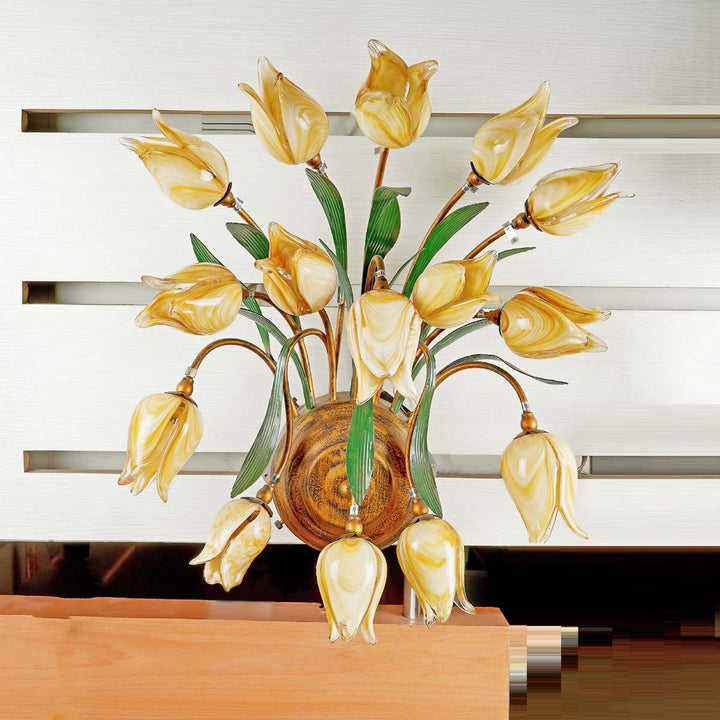 Vestry Yellow Glass Tulips Wall Light With Metal Frame Total 15 Tulip Glass Shades to Give a Realisting View of Bunch of Tulips