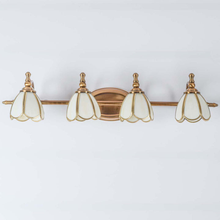 Avlon 4 lights mirror light in brass ant finish with frosted glass shades.