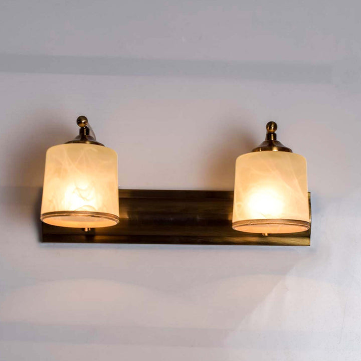 Cabaret brass antique finish double lamps mirror light with frosted glass shades.