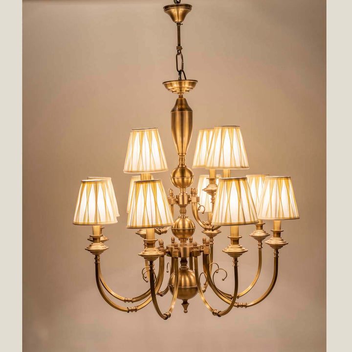 Elena 8+4 Lights Brass Chandelier in Antique Finish With Off-White Gabric Shades