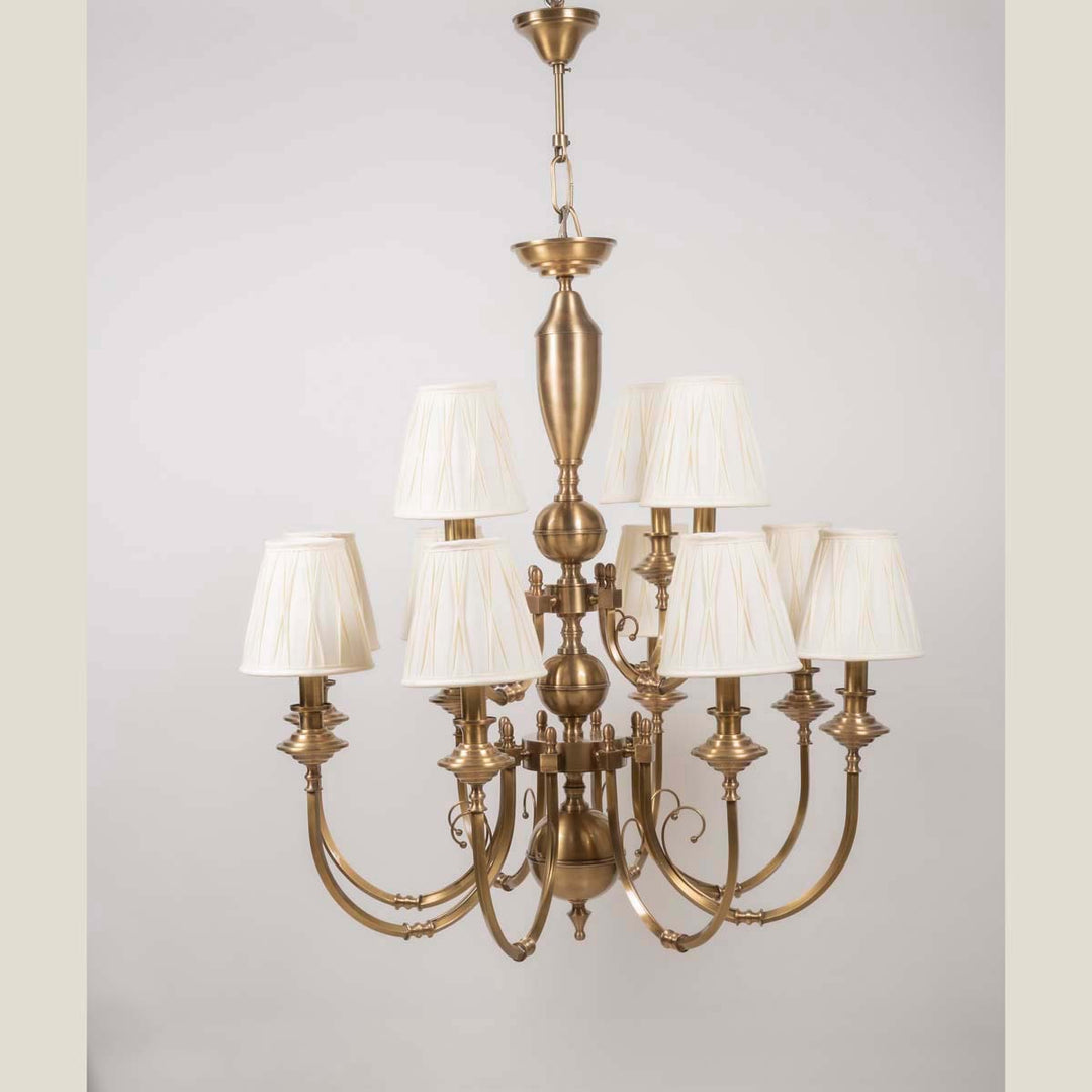 Elena 8+4 Lights Brass Chandelier in Antique Finish With Off-White Gabric Shades