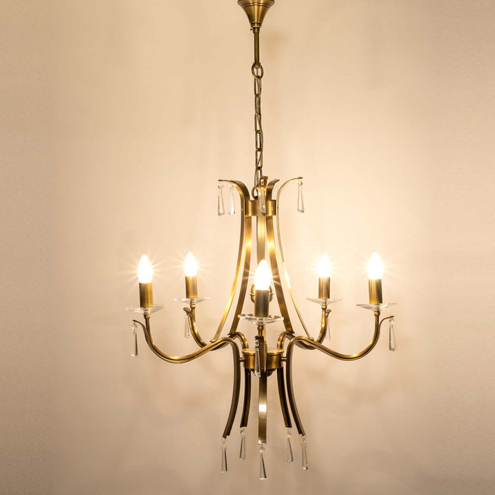 Niobe 5 Arms Brass Chandelier Light Antique finish.