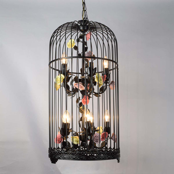 Taro Black Pinjara With Ceramic Colourful Flowers Pendant Light