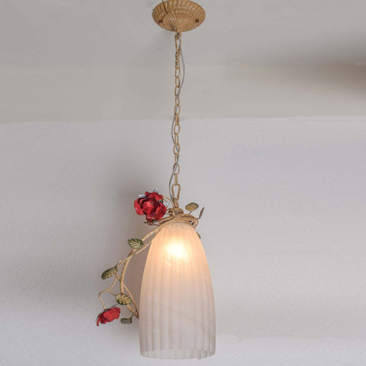 Brassy Frosted Glass Pendant Light With Red Flowers