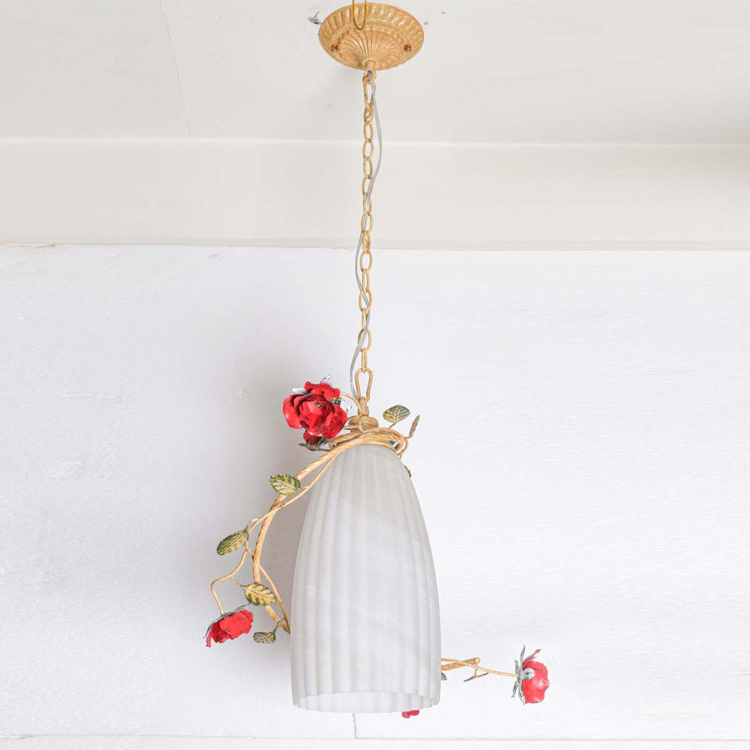 Brassy Frosted Glass Pendant Light With Red Flowers