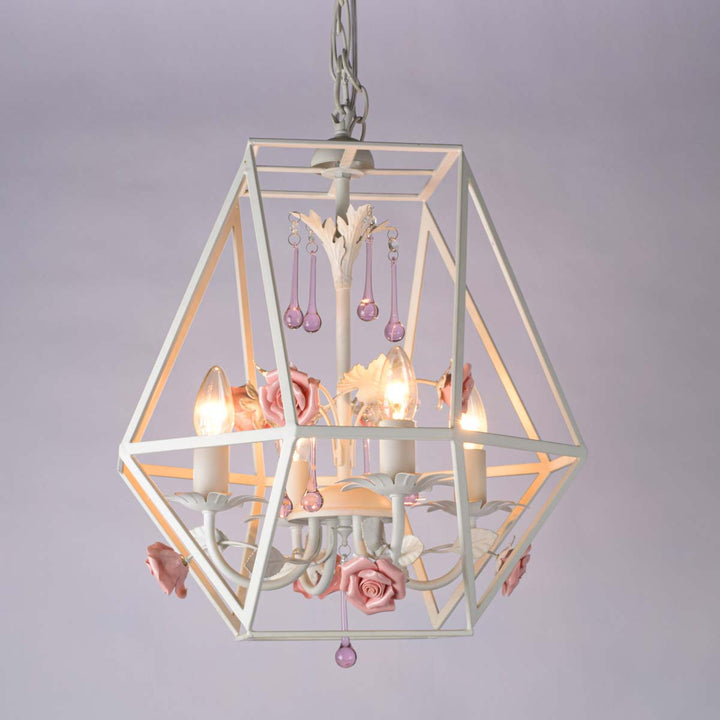 Coast Whte Pinjra Shaped Pendant Light With Pink Flowers And Purple Crystal Droplets