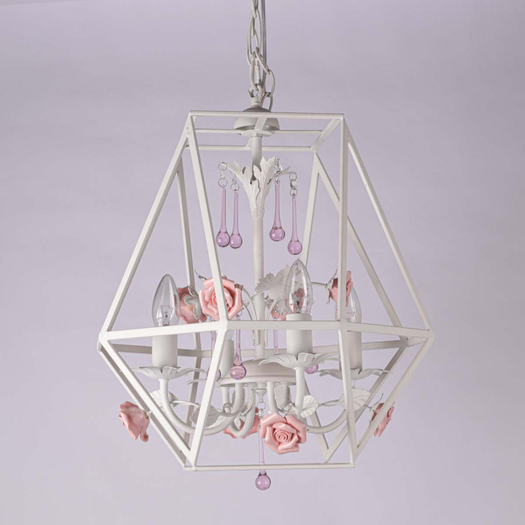 Coast Whte Pinjra Shaped Pendant Light With Pink Flowers And Purple Crystal Droplets