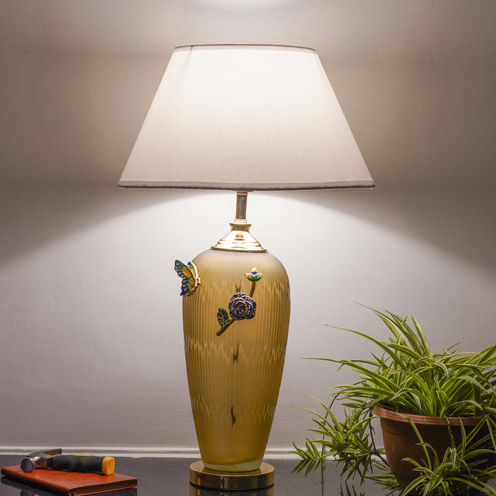 TETBURY Champagne Glass And Rose Gold Metal Table lamp With White Cotton Shade