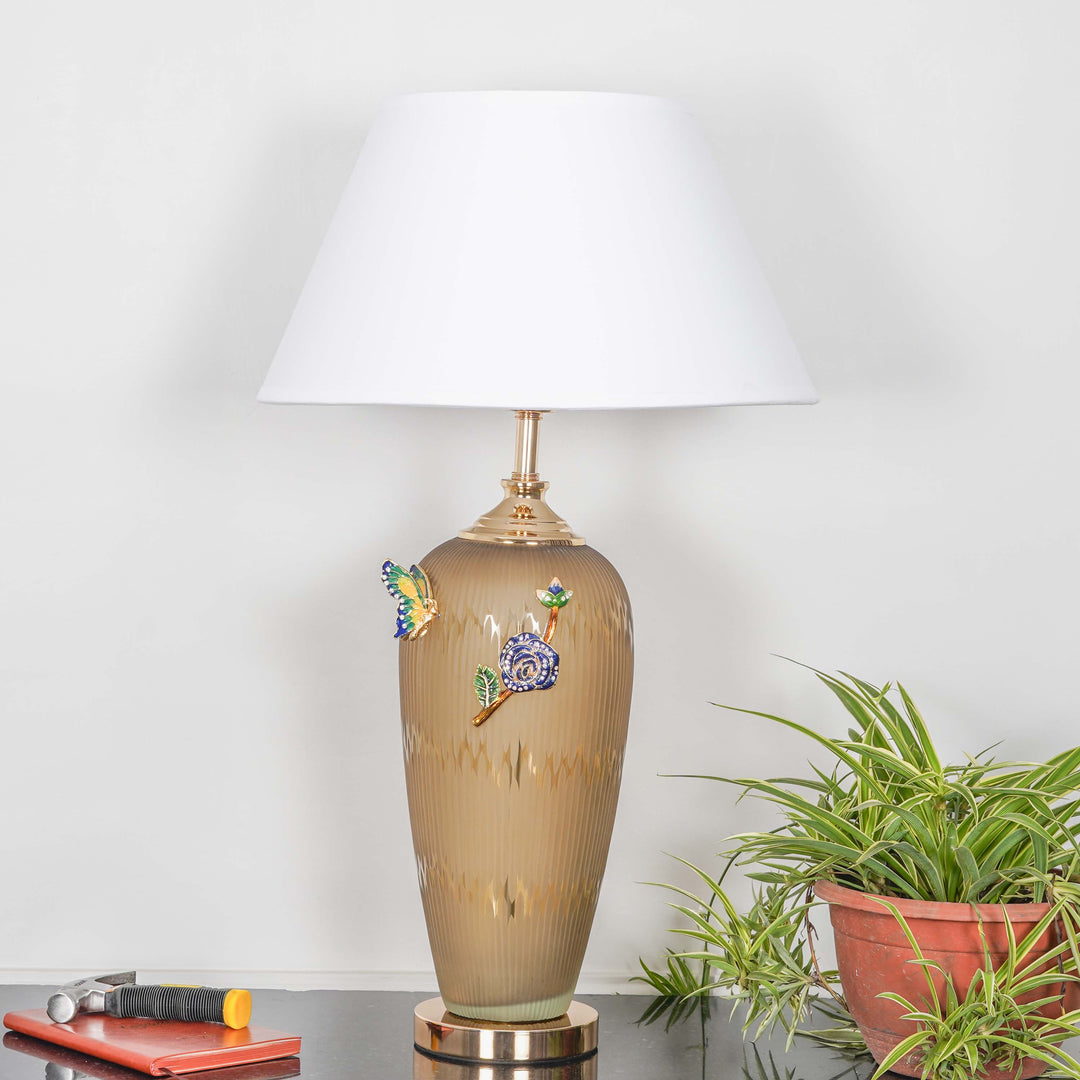 TETBURY Champagne Glass And Rose Gold Metal Table lamp With White Cotton Shade