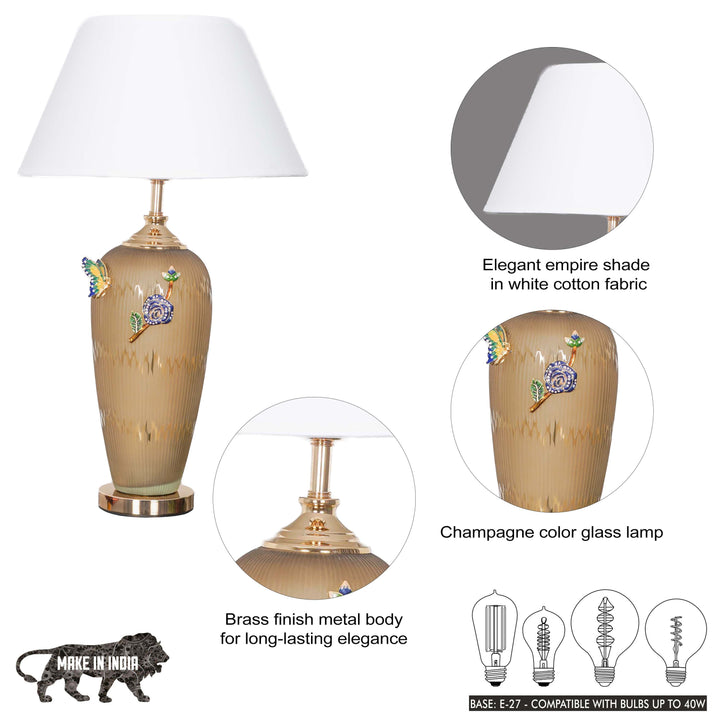 TETBURY Champagne Glass And Rose Gold Metal Table lamp With White Cotton Shade