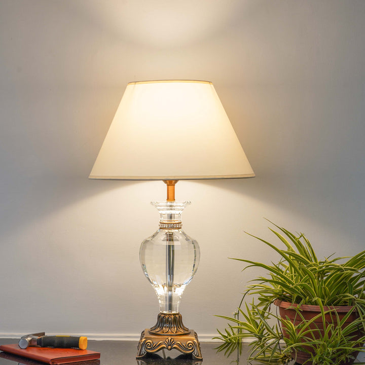 GLOSS Clear Crystal With Antique Brass Finish Table Lamp With White Cotton Shade
