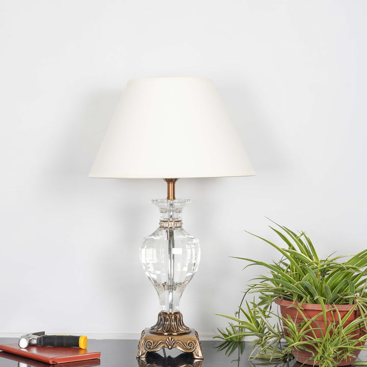 GLOSS Clear Crystal With Antique Brass Finish Table Lamp With White Cotton Shade