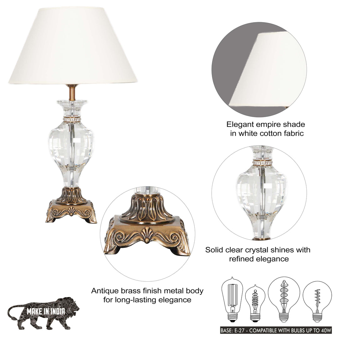 GLOSS Clear Crystal With Antique Brass Finish Table Lamp With White Cotton Shade