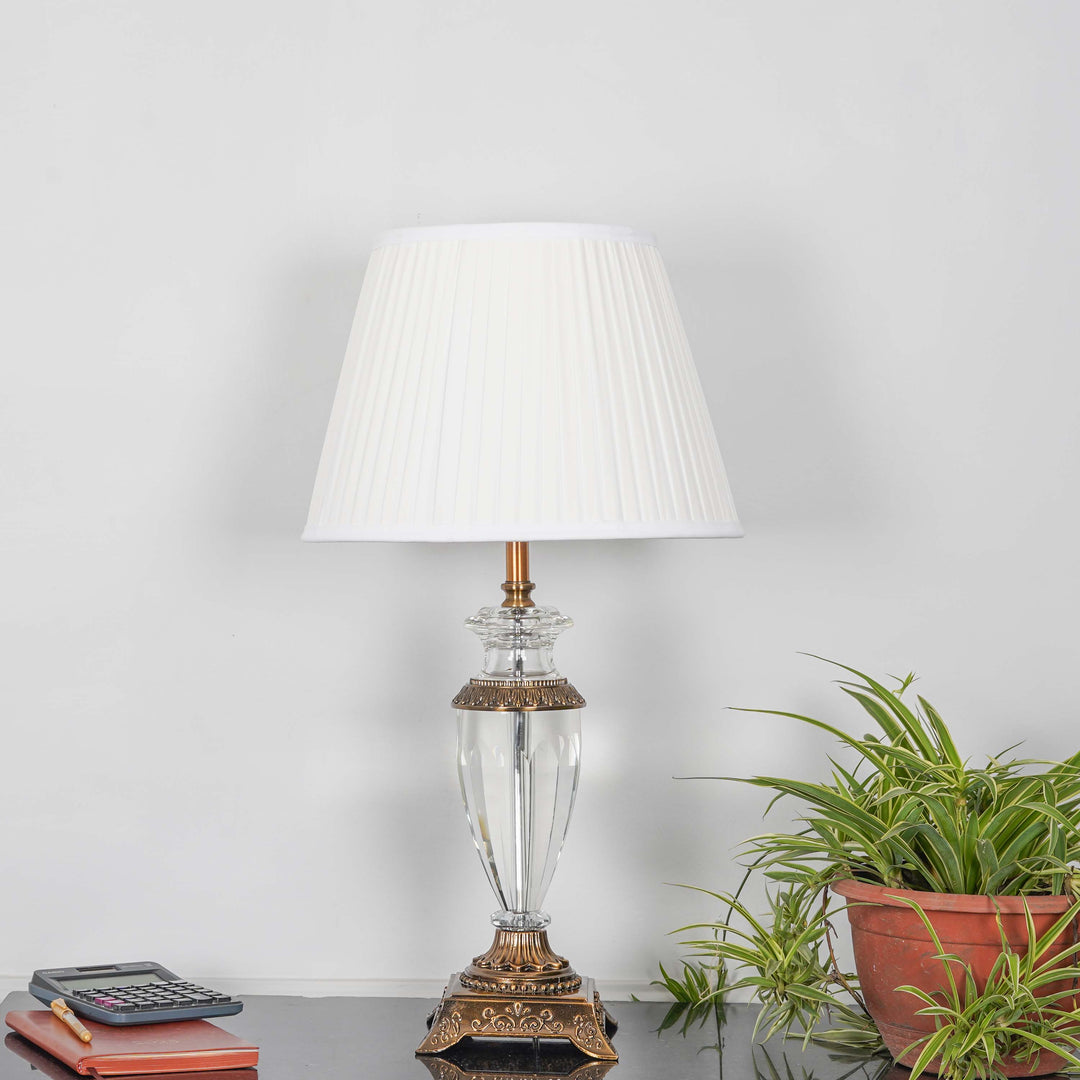 RAMZI Clear Crystal With Antique Brass Finish Table Lamp With White Cotton Shade